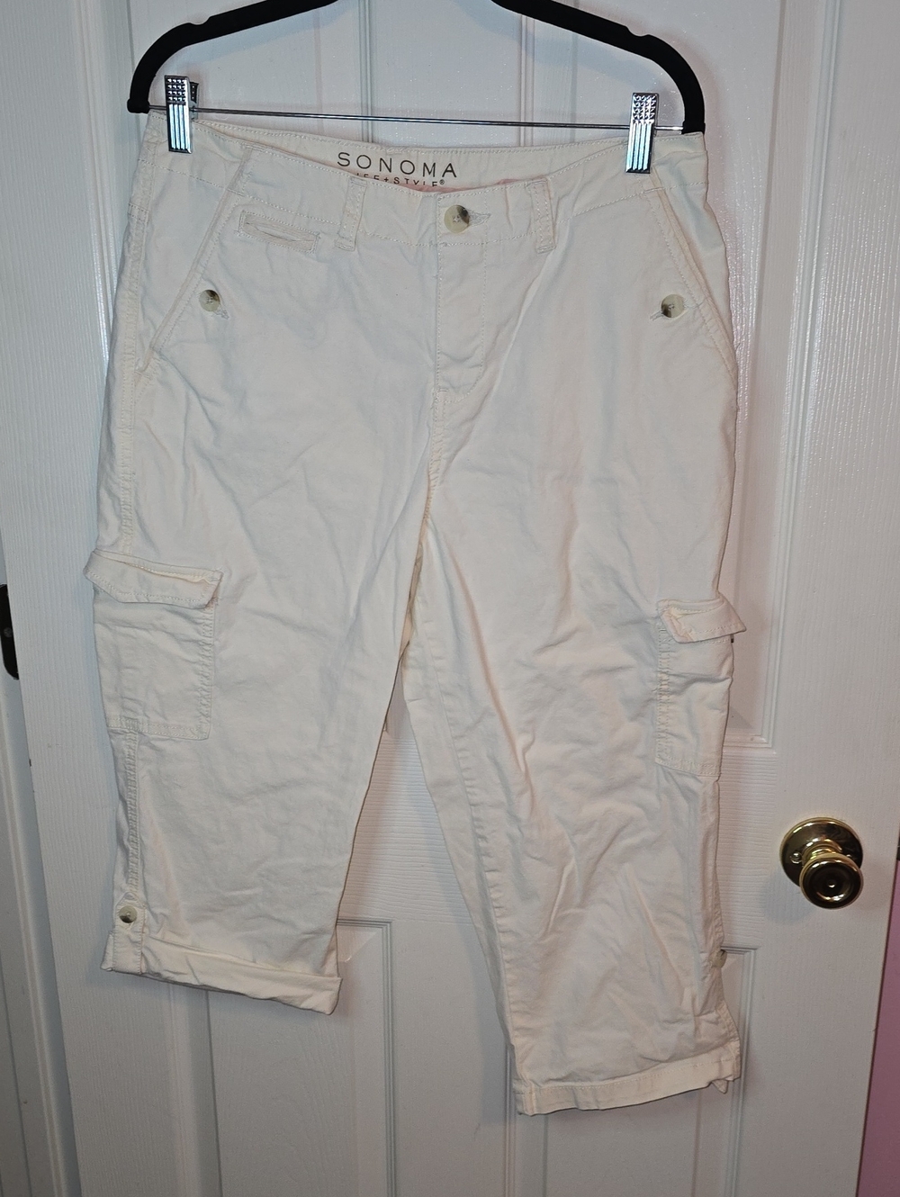 Sonoma Cream Capris with Pink Waist Trim